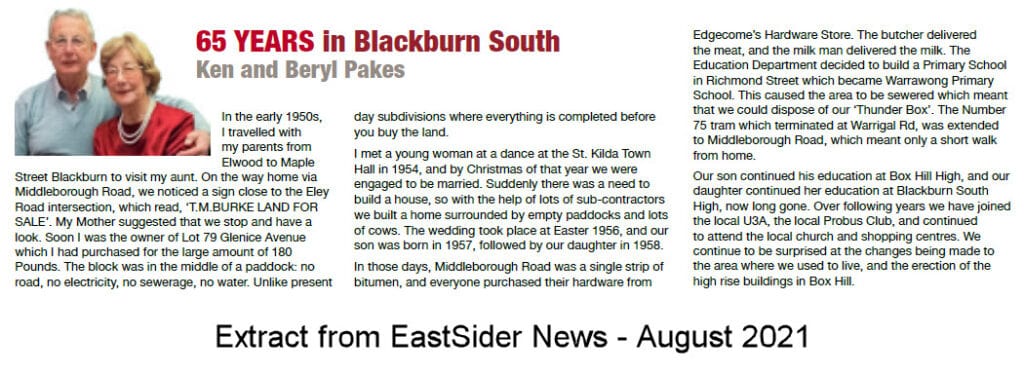 Ken and Beryl Pakes- Article from EastSider News - Aug 2021